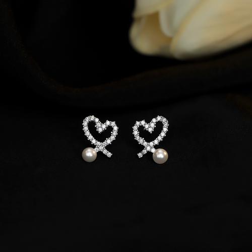 Cubic Zirconia Micro Pave Brass Earring with Plastic Pearl Heart fashion jewelry & micro pave cubic zirconia & for woman Sold By Pair