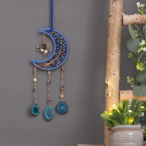 Hanging Ornaments, Iron, with leather cord & Agate & Brass, handmade, for home and office, blue, nickel, lead & cadmium free, 120x550mm, Sold By PC