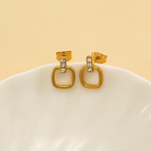 Titanium Steel  Earring, gold color plated, for woman & with rhinestone, Sold By Pair
