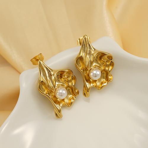 Titanium stål øreringe, med Plastic Pearl, guldfarve belagt, for kvinde, Solgt af par