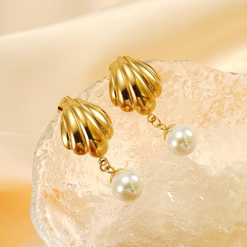 Boucle d'oreille Acier Titane, avec perle de plastique, Placage de couleur d'or, pour femme, Vendu par paire