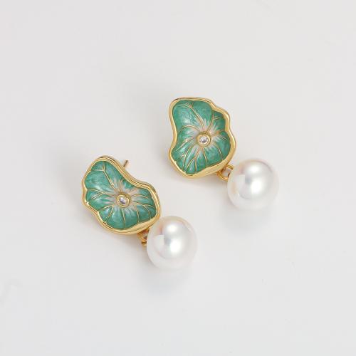 Freshwater Pearl Earrings, Brass, with Glass Pearl, Lotus Leaf, 18K gold plated, fashion jewelry & for woman & enamel, 30x15mm, Sold By Pair
