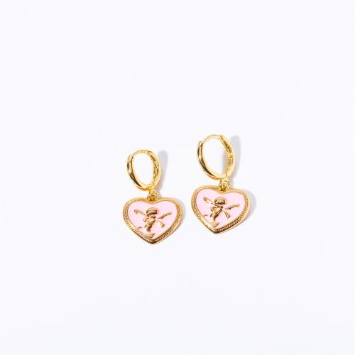 Laiton Leverback boucle d'oreille, coeur, Plaqué d'or 14K, bijoux de mode & pour femme & émail, 26.70x15.30mm, Vendu par paire