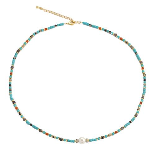 Brass Necklace Natural Stone with turquoise & Freshwater Pearl & Brass with 5cm extender chain handmade fashion jewelry & for woman Length Approx 45 cm Sold By Pair