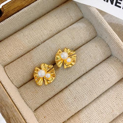 Tibetan Style Stud Earring, with Plastic Pearl, fashion jewelry & for woman, golden, 15mm, Sold By Pair