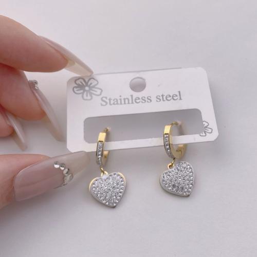 Titanium Steel  Earring, Heart, fashion jewelry & for woman & with rhinestone, golden, 25mm, Sold By Pair