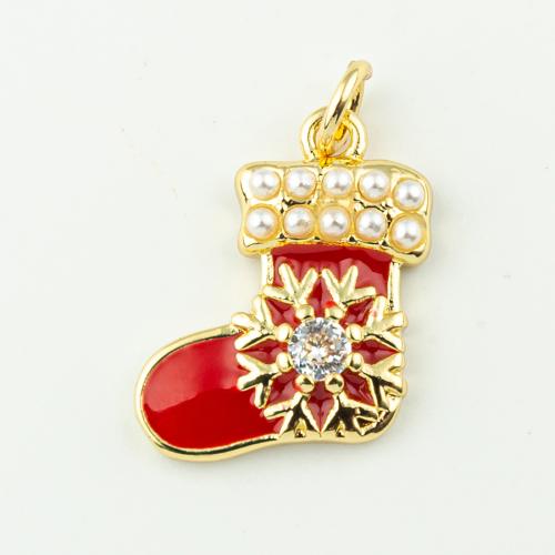 Cubic Zirconia Micro Pave Brass Pendant, Christmas Sock, Christmas Design & micro pave cubic zirconia & for woman & enamel, golden, 21x13mm, Hole:Approx 3mm, 50PCs/Lot, Sold By Lot