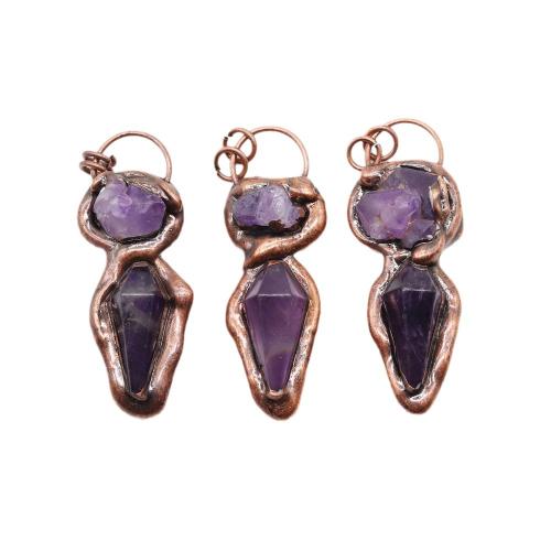 Quartz Gemstone Pendants, Tibetan Style, with Amethyst, antique copper color plated, DIY, purple, nickel, lead & cadmium free, 25x73mm, Sold By PC