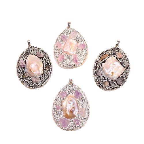 Brass Jewelry Pendants, with Shell & Amethyst, silver color plated, DIY & with rhinestone, more colors for choice, nickel, lead & cadmium free, 40x54mm, Sold By PC