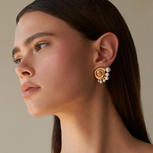 Edelstahl Ohrringe, 304 Edelstahl, mit Kunststoff Perlen, goldfarben plattiert, Modeschmuck, goldfarben, verkauft von Paar