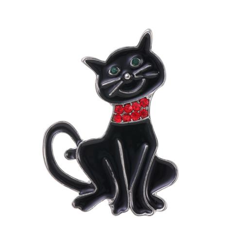 Tibetan Style Brooches, Cat, plated, fashion jewelry & enamel & with rhinestone, black, nickel, lead & cadmium free, 32x44mm, Sold By PC