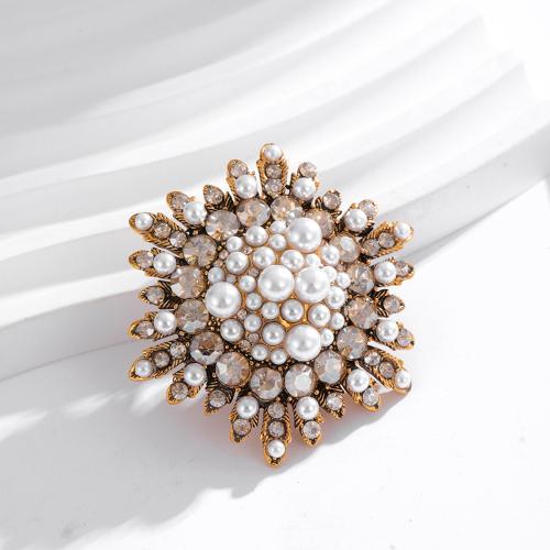 Tibetan Style Brooches, with Plastic Pearl, Flower, plated, fashion jewelry & with rhinestone, golden, nickel, lead & cadmium free, 45mm, Sold By PC