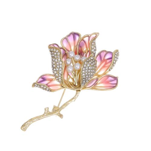 Tibetan Style Brooches, with Plastic Pearl, Flower, plated, fashion jewelry & enamel & with rhinestone, golden, nickel, lead & cadmium free, 44x53mm, Sold By PC