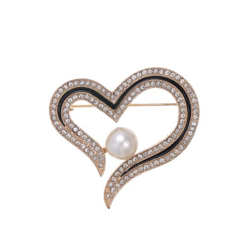 Tibetan Style Brooches, with Plastic Pearl, Heart, gold color plated, fashion jewelry & enamel & with rhinestone, golden, nickel, lead & cadmium free, 43x40mm, Sold By PC