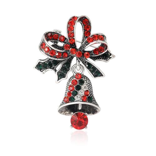 Christmas Brooches, Tibetan Style, Christmas Bell, silver color plated, fashion jewelry & with rhinestone, red, nickel, lead & cadmium free, 30x41mm, Sold By PC