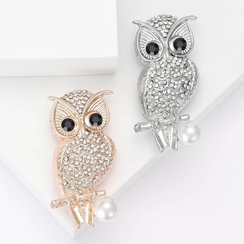 Tibetan Style Brooches, with Plastic Pearl, Owl, plated, fashion jewelry & with rhinestone, red, nickel, lead & cadmium free, 25x53mm, Sold By PC
