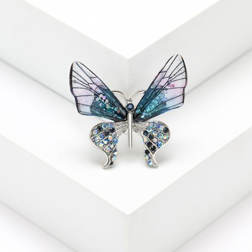 Tibetan Style Brooches, with Acrylic, Butterfly, plated, fashion jewelry & with rhinestone, blue, nickel, lead & cadmium free, 35x35mm, Sold By PC