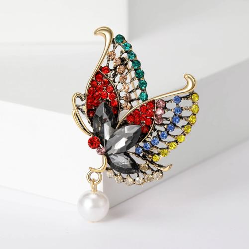 Tibetan Style Brooches, with Plastic Pearl, Butterfly, plated, fashion jewelry & with rhinestone, more colors for choice, nickel, lead & cadmium free, 39x60mm, Sold By PC