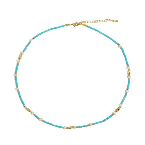Freshwater Pearl Mässing Chain Necklace, med turkos & Freshwater Pearl, med 5cm extender kedja, 18K guldpläterad, mode smycken & för kvinna, blå, Längd Ca 41.5 cm, Säljs av PC