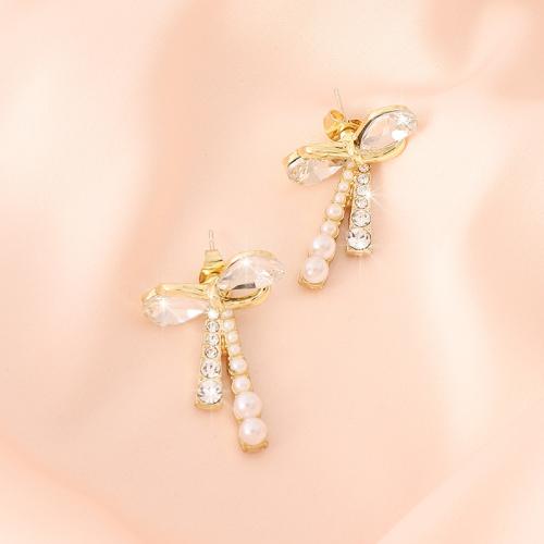 Tibetan Style Stud Earring, with Crystal & Plastic Pearl, Bowknot, gold color plated, fashion jewelry & for woman, 36x20mm, Sold By Pair