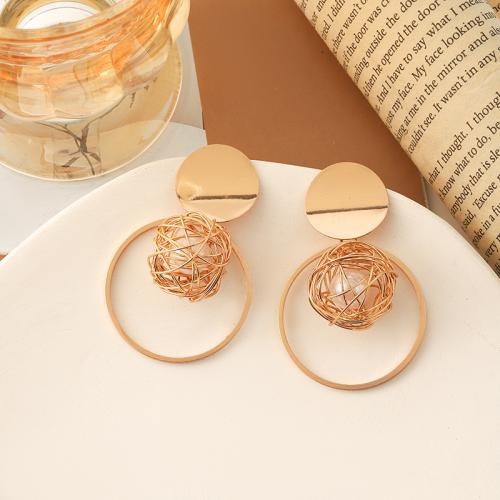 Tibetan Style Stud Earring, with Plastic Pearl, Round, fashion jewelry & for woman, gold, 55x35mm, Sold By Pair