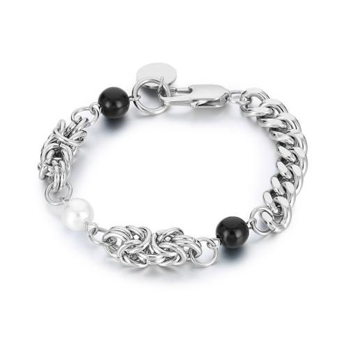 Titanium Steel Bracelet & Bangle, with Shell Pearl, handmade, Unisex, platinum color, Sold By PC