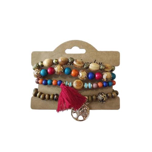 Sandalwood Bracelet Set, with Glass Beads & Tibetan Style, handmade, multilayer & Bohemian style & for woman, more colors for choice, Length:Approx 6.7 Inch, Sold By Set