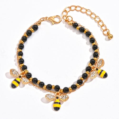 Tibetan Style Bracelet, with Glass, Bee, gold color plated, Bohemian style & for woman & enamel & with rhinestone, Length:Approx 6.7 Inch, Sold By PC