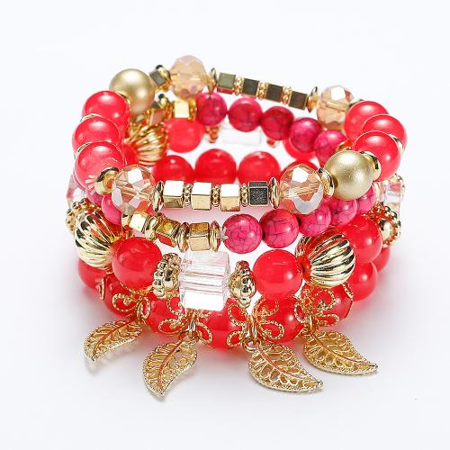 Acrylic Bracelet Set, with Crystal & Tibetan Style, Leaf, multilayer & Bohemian style & Unisex, more colors for choice, Inner Diameter:Approx 50mm, Sold By Set