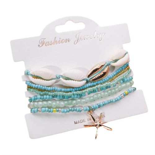 Seedbead Set de bracelet, avec coquille & alliage de zinc, étoile de mer, fait à la main, multicouche & Style bohème & pour femme, plus de couleurs à choisir, Longueur:Environ 6-8 pouce, Vendu par fixé
