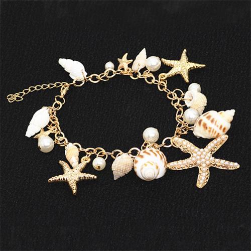 Shell Bracelet, with Plastic Pearl & Tibetan Style, gold color plated, Bohemian style & ocean design & for woman, Length:Approx 6-8 Inch, Sold By PC