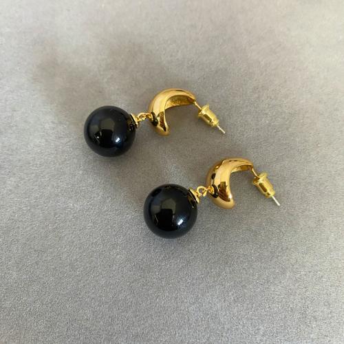 Brass Stud Earring, with Black Agate, fashion jewelry & for woman, more colors for choice, 28.40x12.40mm, Sold By Pair