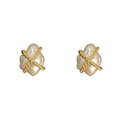 Goujon Laiton, avec perle de plastique, bijoux de mode & pour femme, doré, 21x18mm, Vendu par paire