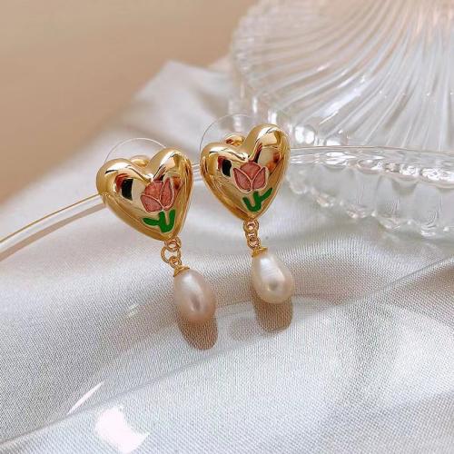 Tibetan Style Stud Earring, with Plastic Pearl, fashion jewelry & for woman & enamel, golden, 30x15mm, Sold By Pair