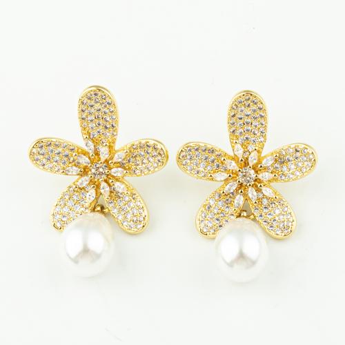 Cubic Zirconia Micro Pave Brass Earring, with Plastic Pearl, Flower, fashion jewelry & micro pave cubic zirconia & for woman, golden, 40x25mm, 50Pairs/Lot, Sold By Lot