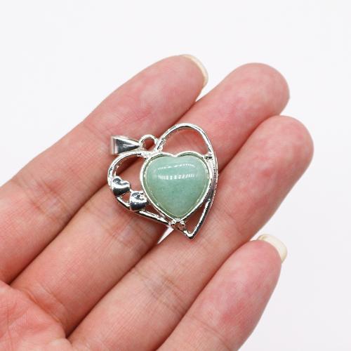Gemstone Pendants Jewelry, Natural Stone, with Brass, Heart, silver color plated, DIY, more colors for choice, nickel, lead & cadmium free, 26x28mm, Sold By PC