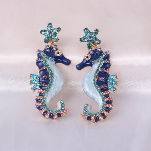 Tibetan Style Drop Earrings, Seahorse, gold color plated, for woman & enamel & with rhinestone, more colors for choice, Sold By Pair