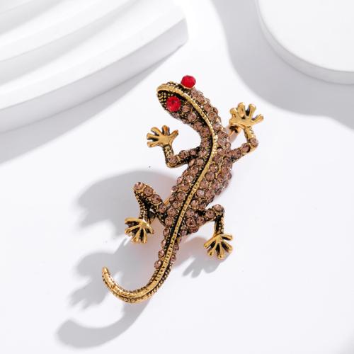 Tibetan Style Brooches, Gecko, gold color plated, for woman & with rhinestone, 25x53mm, Sold By PC