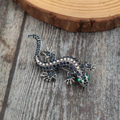 Tibetan Style Brooches, Gecko, silver color plated, for woman & with rhinestone, green, nickel, lead & cadmium free, 60x20mm, Sold By PC