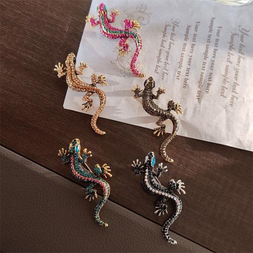 Tibetan Style Brooches, Gecko, plated, for woman & with rhinestone, more colors for choice, nickel, lead & cadmium free, 62x33mm, Sold By PC