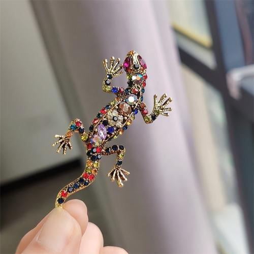 Tibetan Style Brooches, Gecko, gold color plated, for woman & with rhinestone, multi-colored, nickel, lead & cadmium free, 30x65mm, Sold By PC