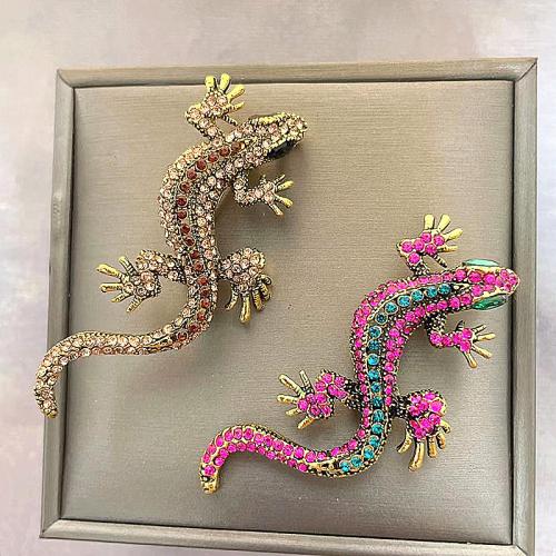 Tibetan Style Brooches, Gecko, gold color plated, for woman & with rhinestone, more colors for choice, nickel, lead & cadmium free, 28x66mm, Sold By PC