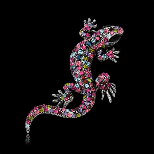 Tibetan Style Brooches, Gecko, gold color plated, for woman & with rhinestone, multi-colored, nickel, lead & cadmium free, 35x64mm, Sold By PC