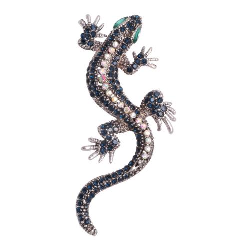 Tibetan Style Brooches, Gecko, plated, for woman & with rhinestone, more colors for choice, nickel, lead & cadmium free, 70x35mm, Sold By PC