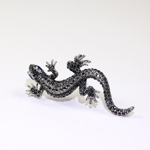 Tibetan Style Brooches, Gecko, silver color plated, with rhinestone, black, nickel, lead & cadmium free, 30x65mm, Sold By PC