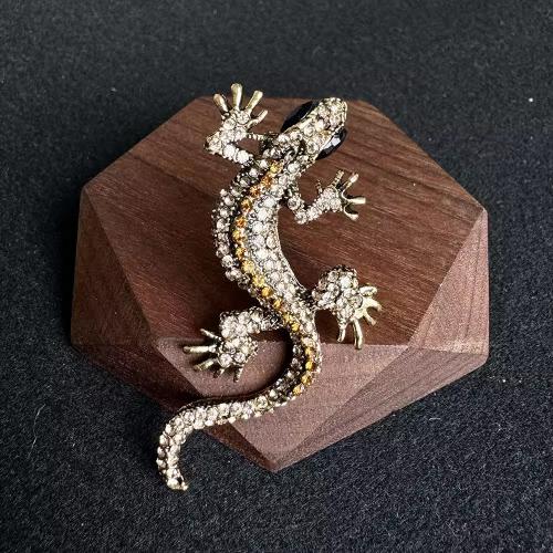 Tibetan Style Brooches, Gecko, gold color plated, for woman & with rhinestone, nickel, lead & cadmium free, 35x65mm, Sold By PC