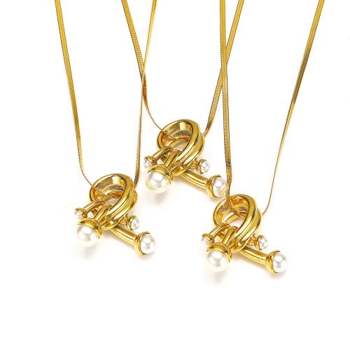 Collar de Acero Titanio, Partículas de acero, con Perlas plásticas, chapado en color dorado, para mujer, Vendido por UD