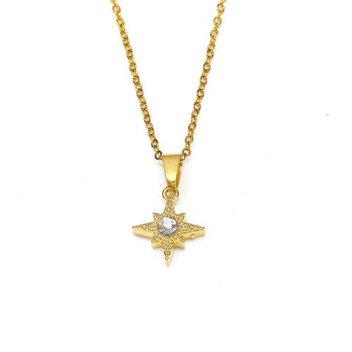 Titanium Steel Necklace, Eight Point Star, gold color plated, micro pave cubic zirconia & for woman, 12x19mm, Sold By PC