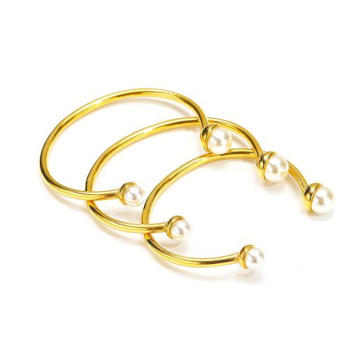 Titanium Steel Bracelet & Bangle, with Plastic Pearl, gold color plated, Adjustable & for woman, Sold By PC