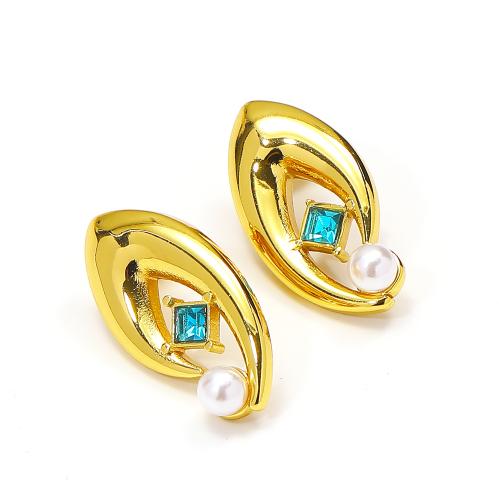 Titanium Steel  Earring, with Plastic Pearl, gold color plated, for woman & with rhinestone, Sold By PC
